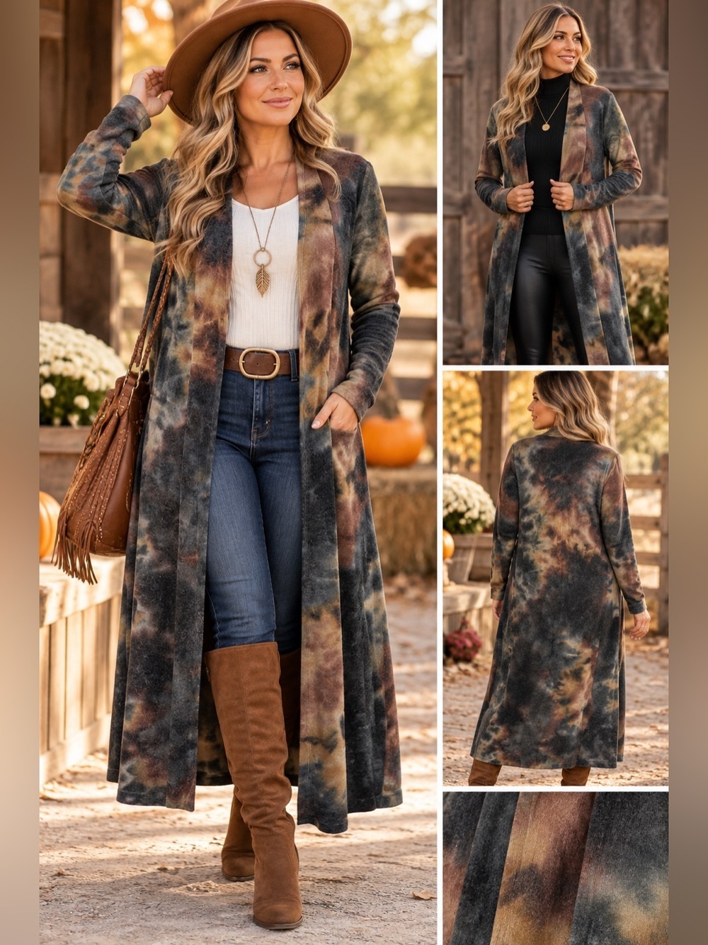 Peach Love California Tie-Dye Longline Open Front Duster Cardigan Boho Chic Lg